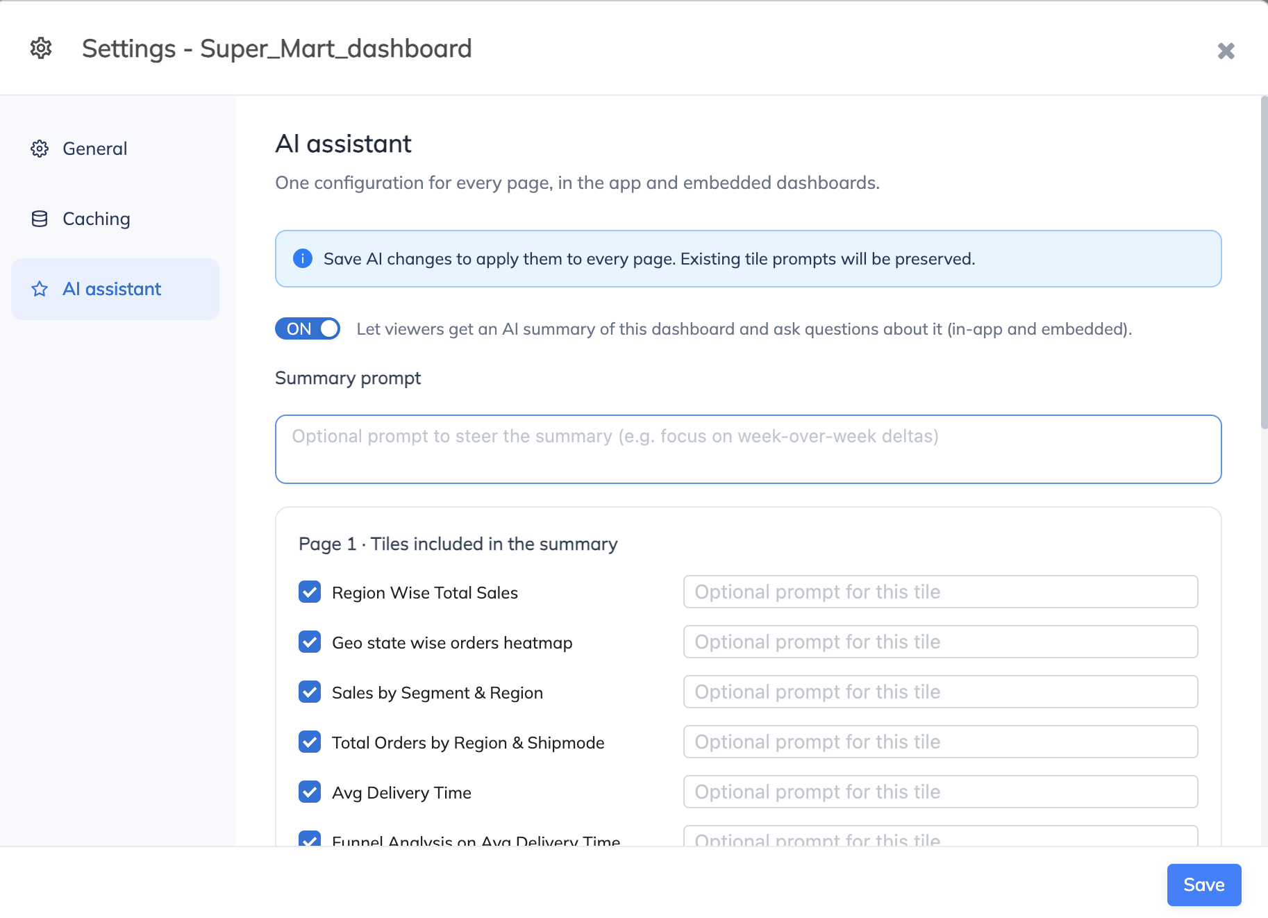 AI assistant settings with the enable toggle, summary prompt, and selected dashboard tiles