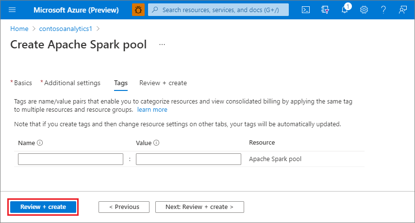 Screenshot from the Azure portal of Apache Spark pool create flow - additional settings tab.