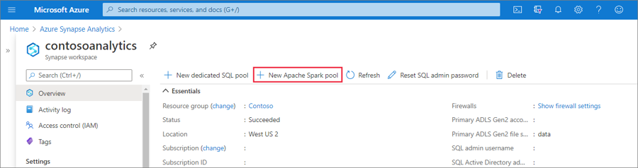 Screenshot from the Azure portal of a Synapse workspace with a red box around the command to create a new Apache Spark pool.
