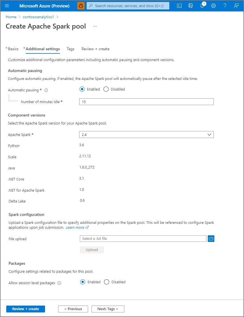 Screenshot from the Azure portal that shows the 'Create Apache Spark pool' page with the 'Additional settings' tab selected.