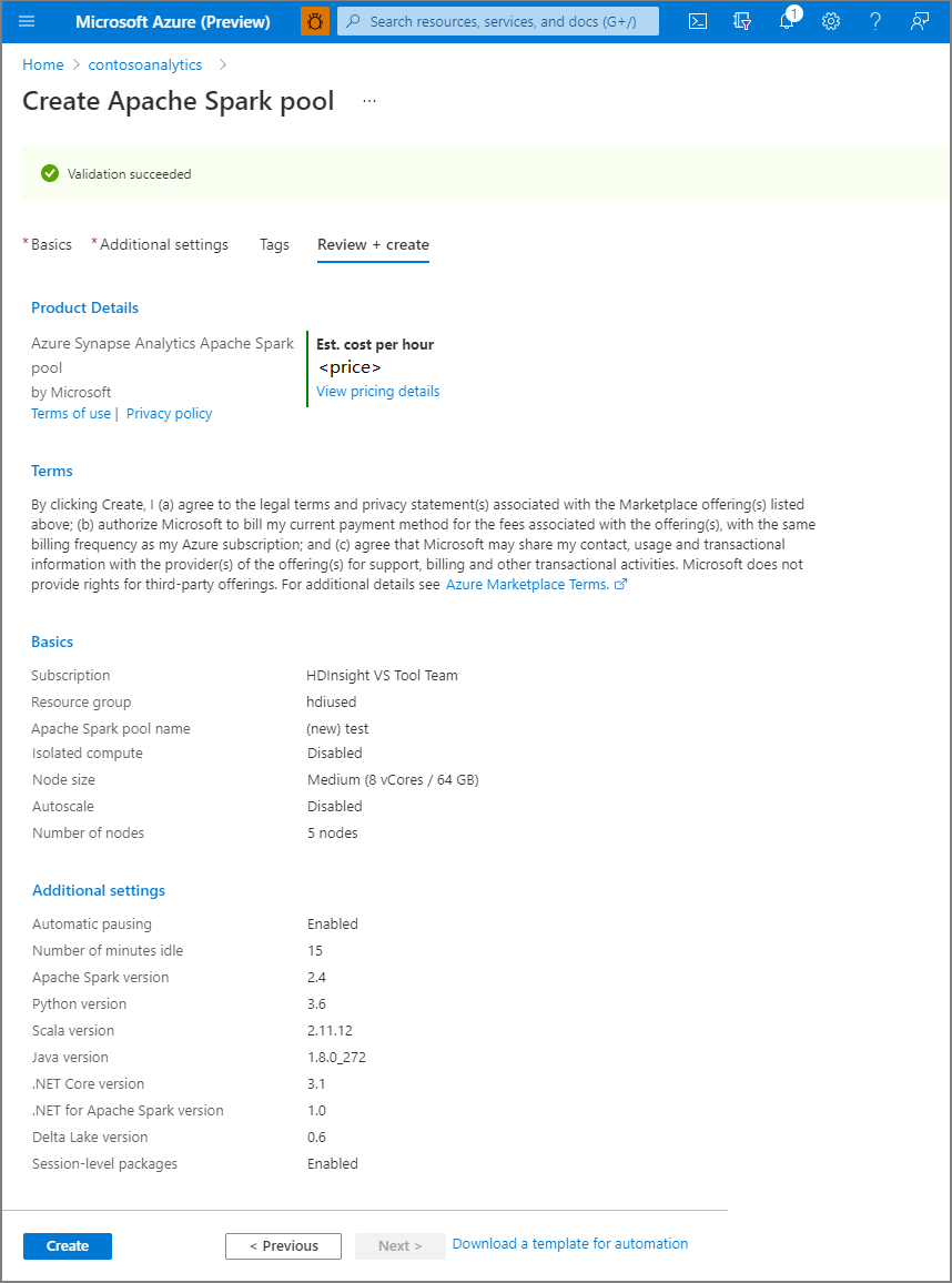 Screenshot from the Azure portal of Apache Spark pool create flow - review settings tab.