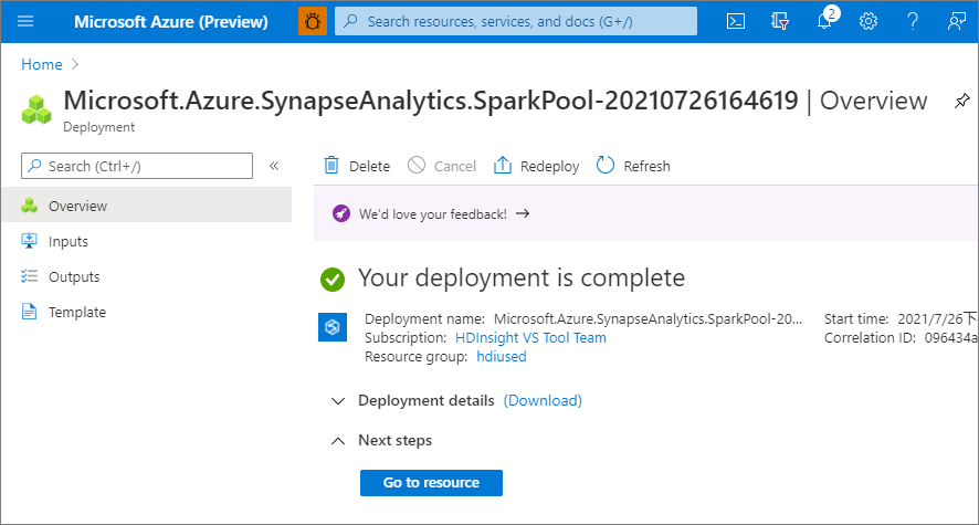 Screenshot from the Azure portal of that shows the 'Overview' page with a 'Your deployment is complete' message displayed.