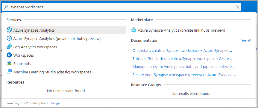 Screenshot of the Azure portal search bar with Synapse workspaces typed in.