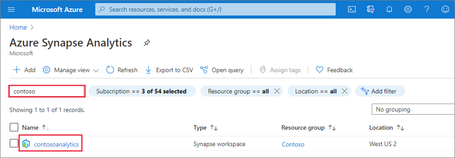 Screenshot from the Azure portal of the list of Synapse workspaces filtered to show those containing the name Contoso.